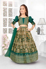 Rama Green Printed And Sequin Work Lehenga Choli For Girls