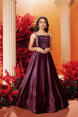 Elegant Wine Sequined Velvet Partywear Gown For Girls