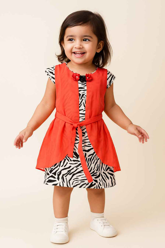Black And White Zebra Print Dress with Orange Overlay & Floral Neck Detail For Girls