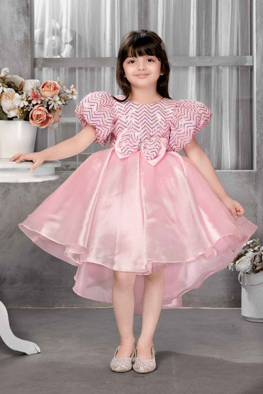 Pink Puff Sleeves With Sequins Work Tailback Frock For Girls