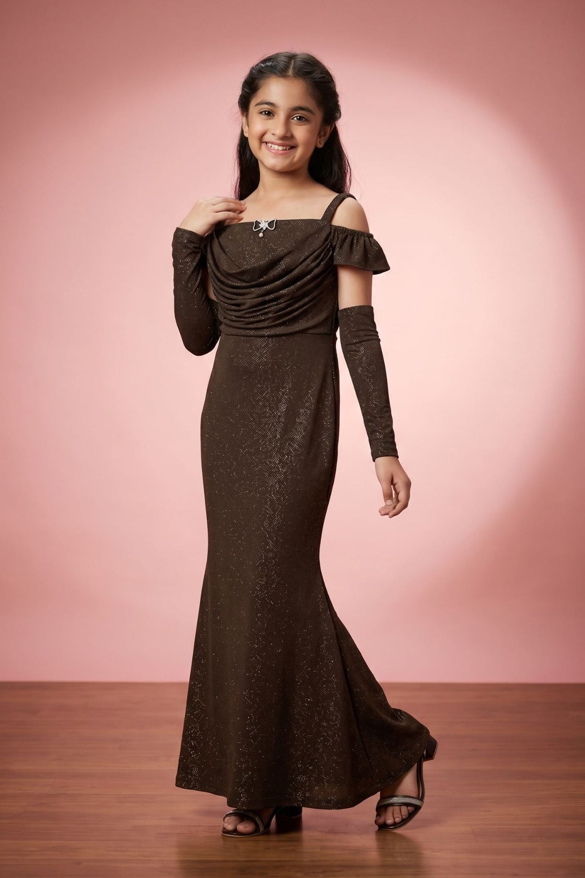 Coffee Brown Glitter Cold-Shoulder Mermaid Gown with Matching Arm Sleeves For Girls