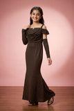 Coffee Brown Glitter Cold-Shoulder Mermaid Gown with Matching Arm Sleeves For Girls