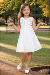 White Hakoba And Embroidered Casual Cotton Frock For Girls