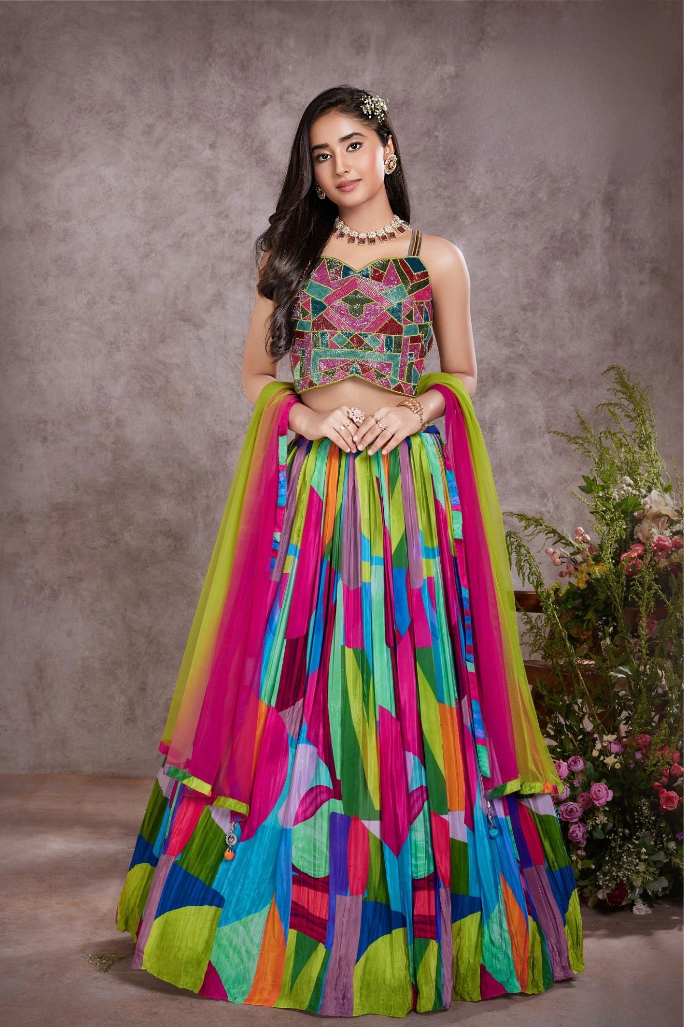 Multicolor Heavy Bead Embroidered Crop Top with Abstract Print Lehenga For Girls