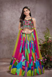 Multicolor Heavy Bead Embroidered Crop Top with Abstract Print Lehenga For Girls