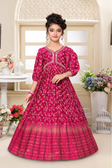 Dark Pink Bandhani Printed Gown With Sequin Work For Girls