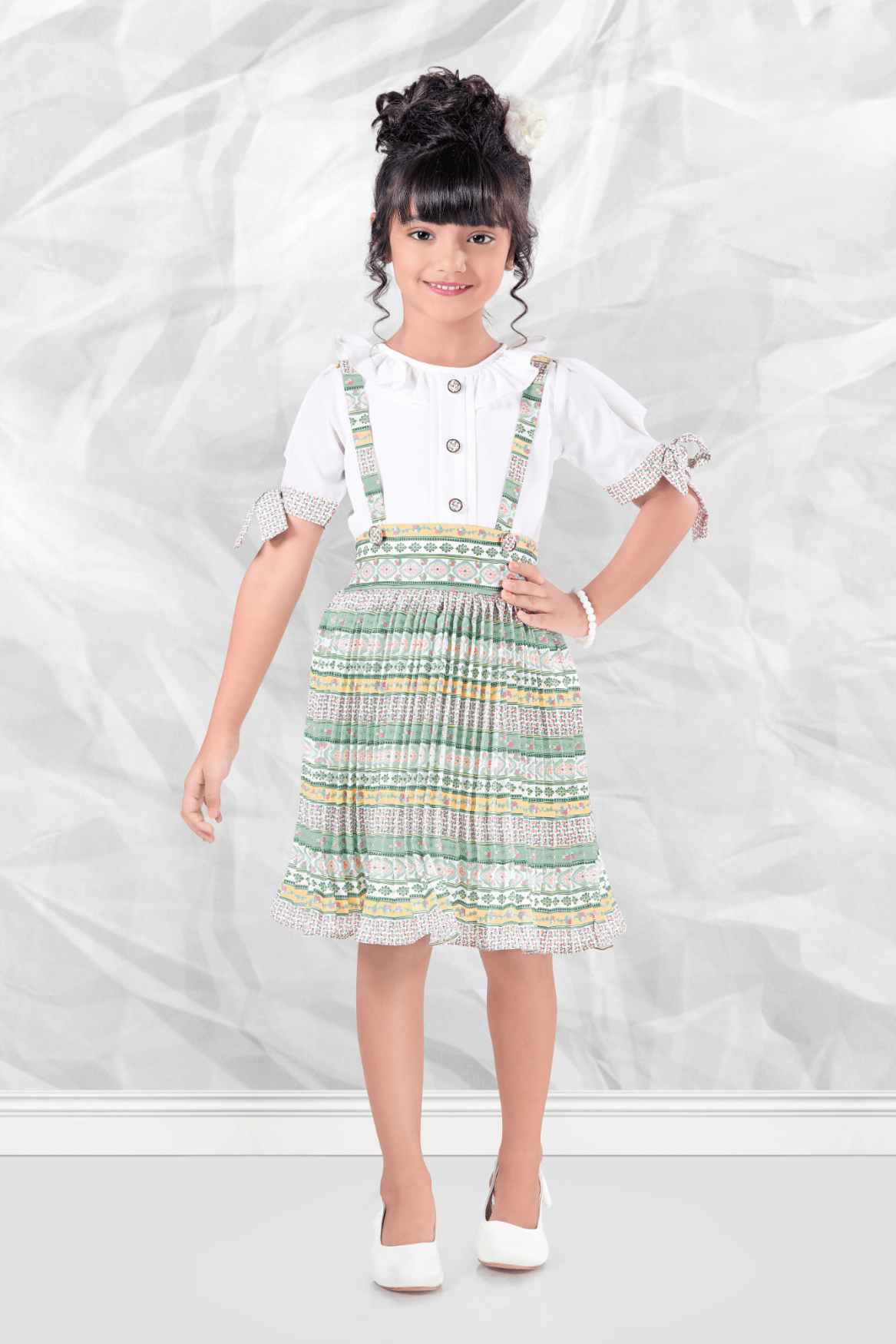 Multicolour Ajrakh Printed Dungaree Set With White Shirt For Girls