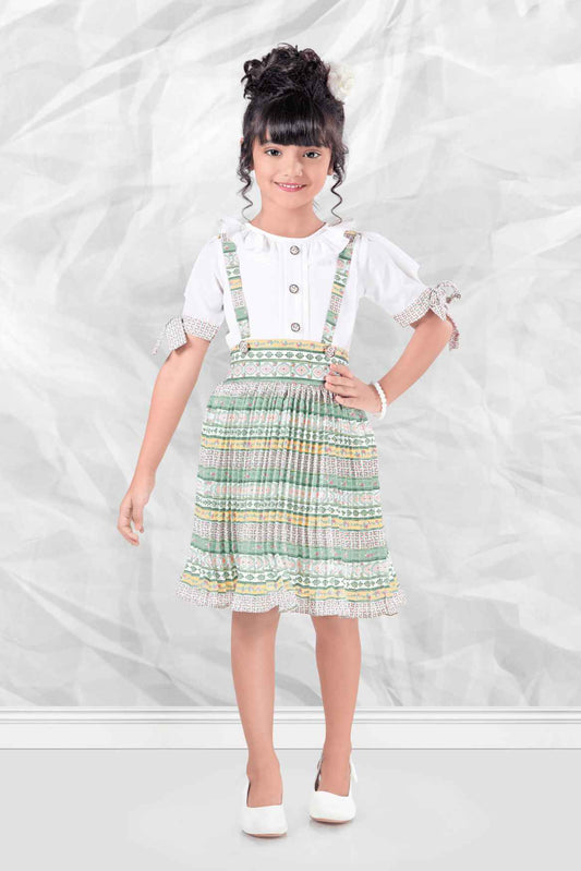 Multicolour Ajrakh Printed Dungree Set With White Shirt For Girls