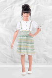 Multicolour Ajrakh Printed Dungaree Set With White Shirt For Girls