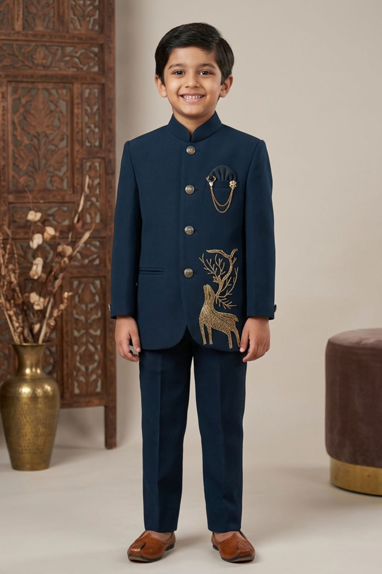 Designer Teal Jodhpuri Suit Set With Royal Deer Motif For Boys