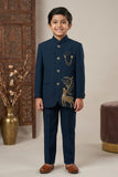 Designer Teal Jodhpuri Suit Set With Royal Deer Motif For Boys