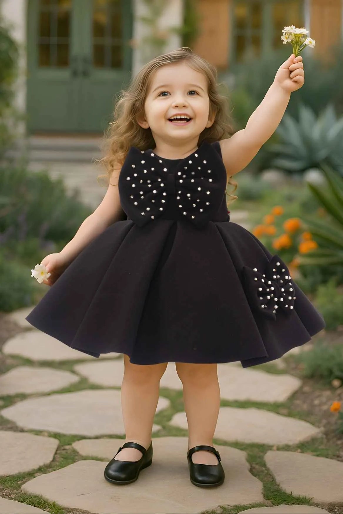 Black Party Frock With Pearl-Studded Bows For Girls