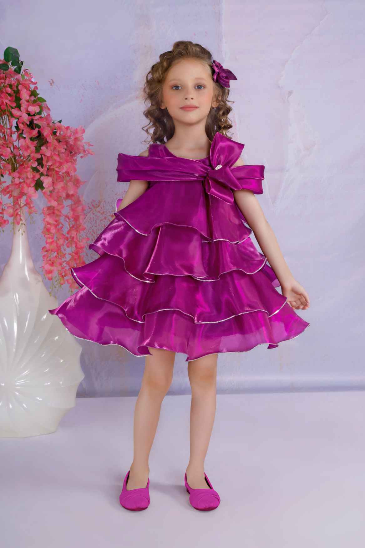 Radiant Ruffle Magenta Party Wear Frock For Girls
