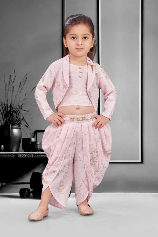 Stylish Pink Printed Dhoti Set With Over Coat For Girls