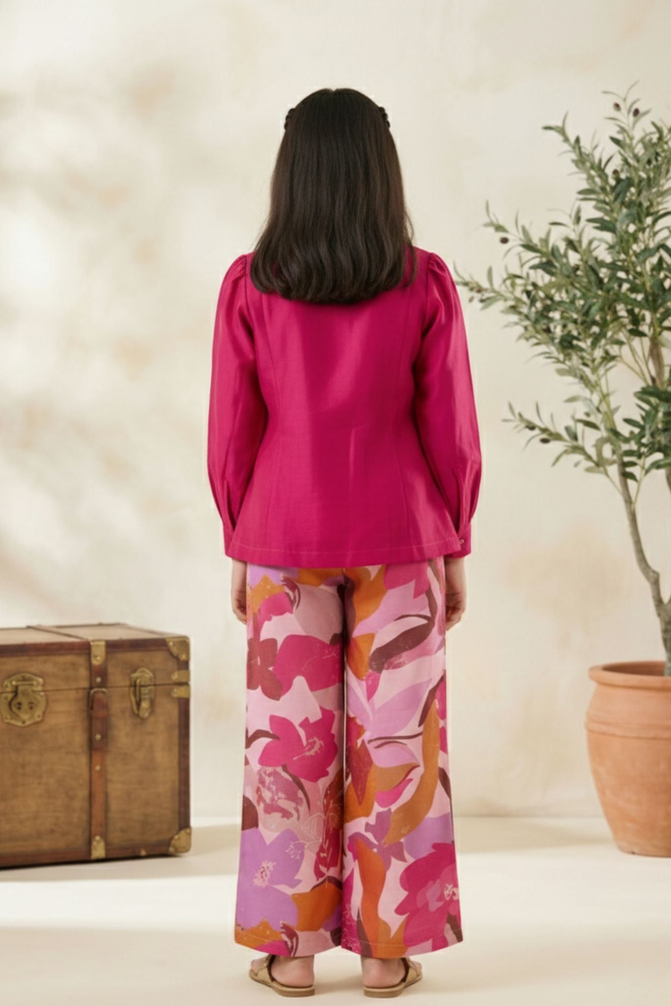Stylish Pink Top And Printed Pant Set For Girls