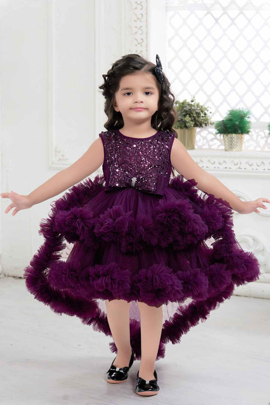 Wine Net Partywear Frock With Sequin And Bow Embellished For Girls