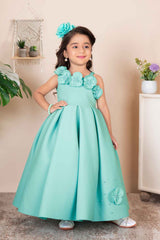 Sea Green Sleeveless With Floral Embellishment And Pearl Gown For Girls