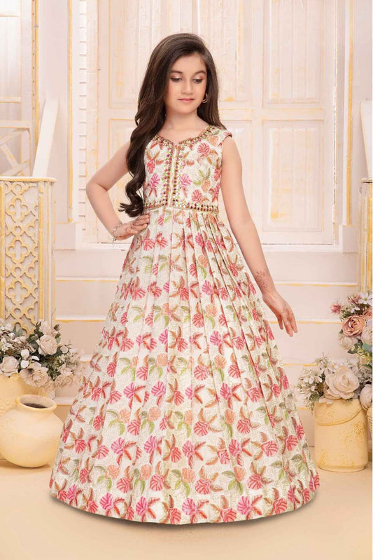 Elegant Cream Sequins And Mirror Work With Floral Printed Ethnic Gown For Girl