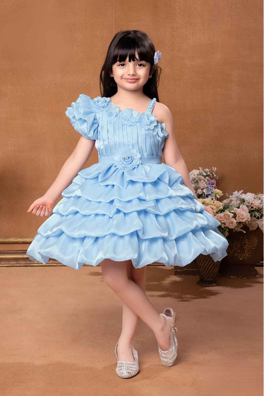 Sky Blue One Shoulder Sleeve And Floral Embellished Frock For Girls