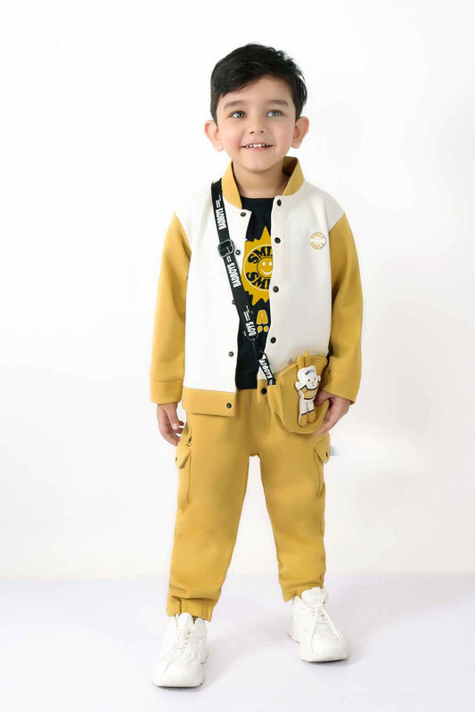 Mustard Jacket With Black T Shirt And Pant Set For Girls