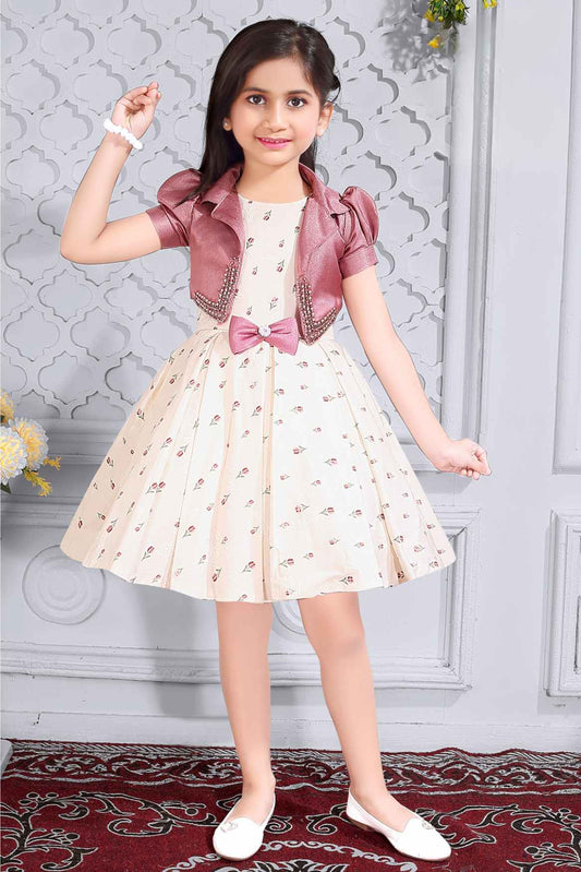 Floral Printed Cream Partywear Frock With Onion Pink Overcoat For Girls