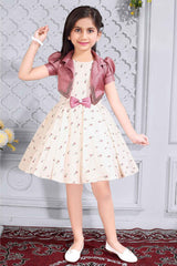 Floral Printed Cream Partywear Frock With Onion Pink Overcoat For Girls