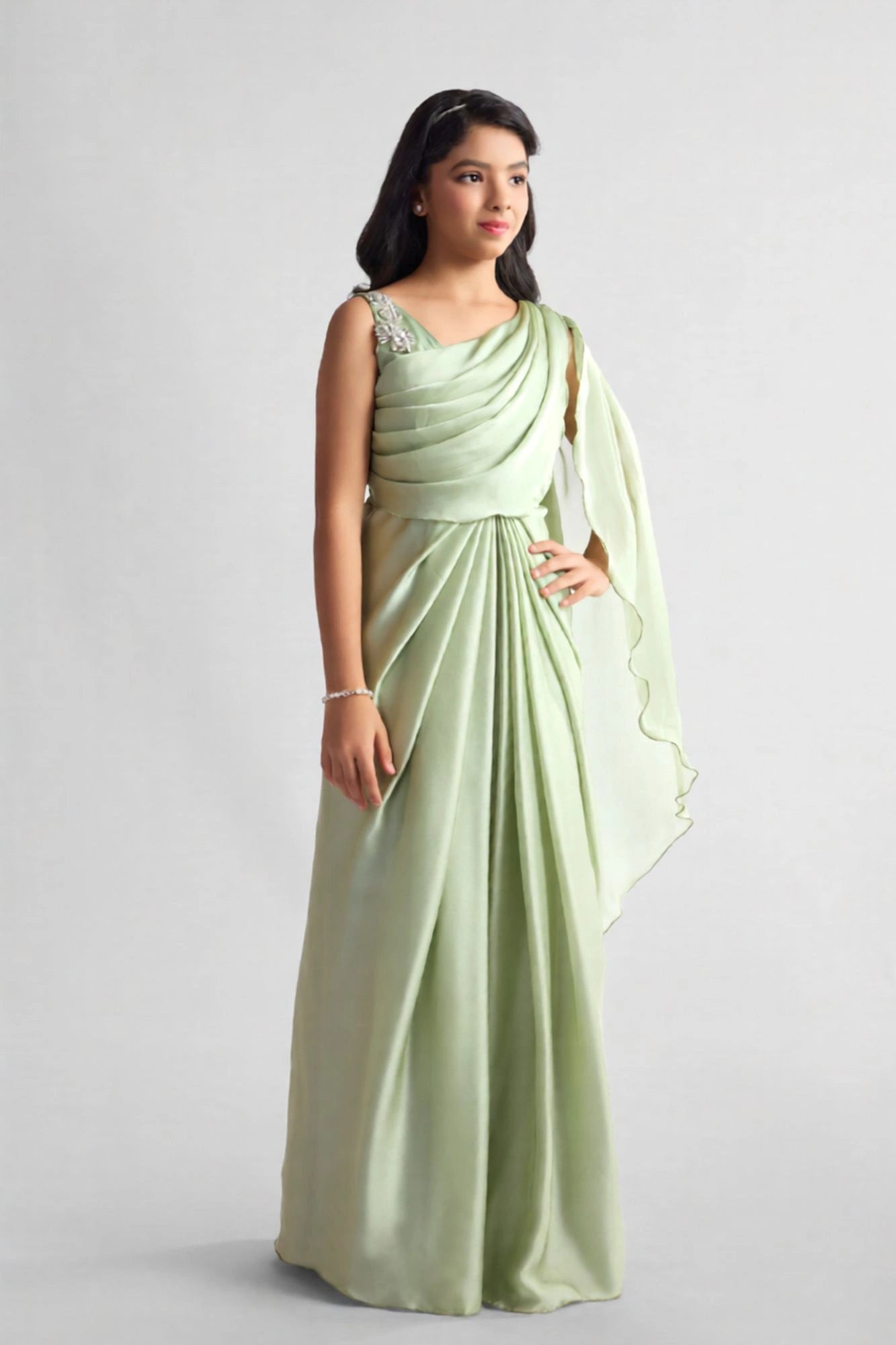 Light Green Pre-Draped Saree Gown with Embellished Strap For Girls