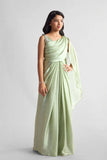 Light Green Pre-Draped Saree Gown with Embellished Strap For Girls