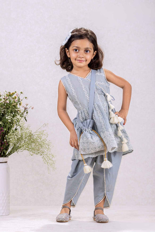 Blue Chikankari Work Dhoti Set With Sling Potli Bag For Girls