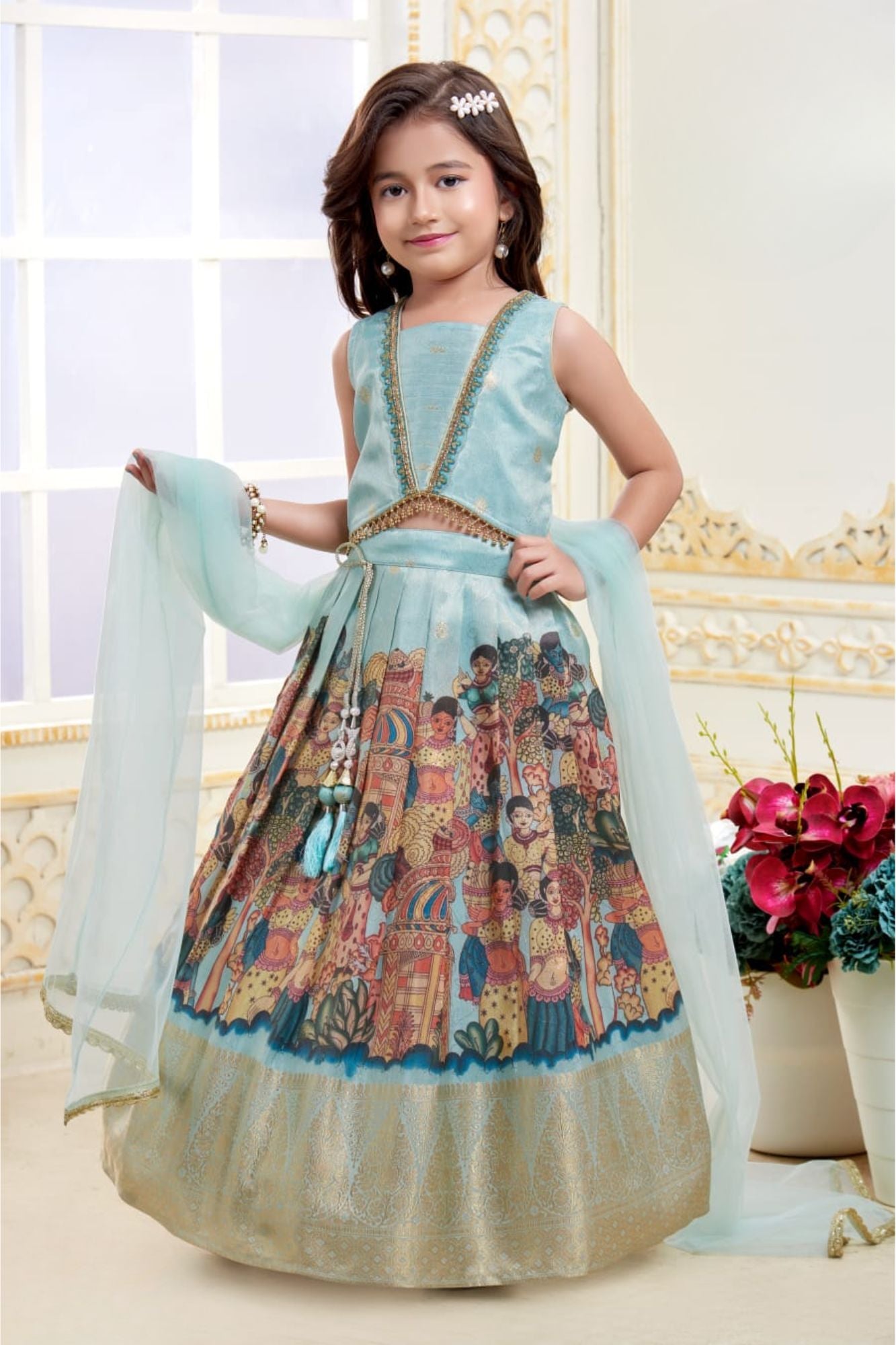 Aqua Blue with Multicolor Folk Print Lehenga Choli for Girls