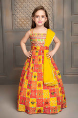 Yellow Printed And Sequin Embroidery Gown For Girls