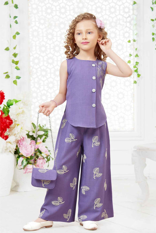 Lavender Thread Embroidery Palazzo Set With Sling Bag For Girls
