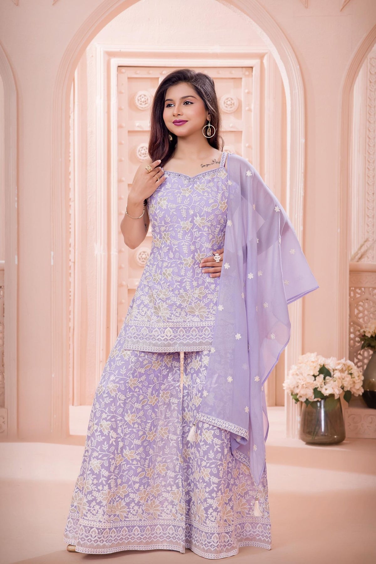 Lavender Embroidered Palazzo Set with Dupatta For Girls