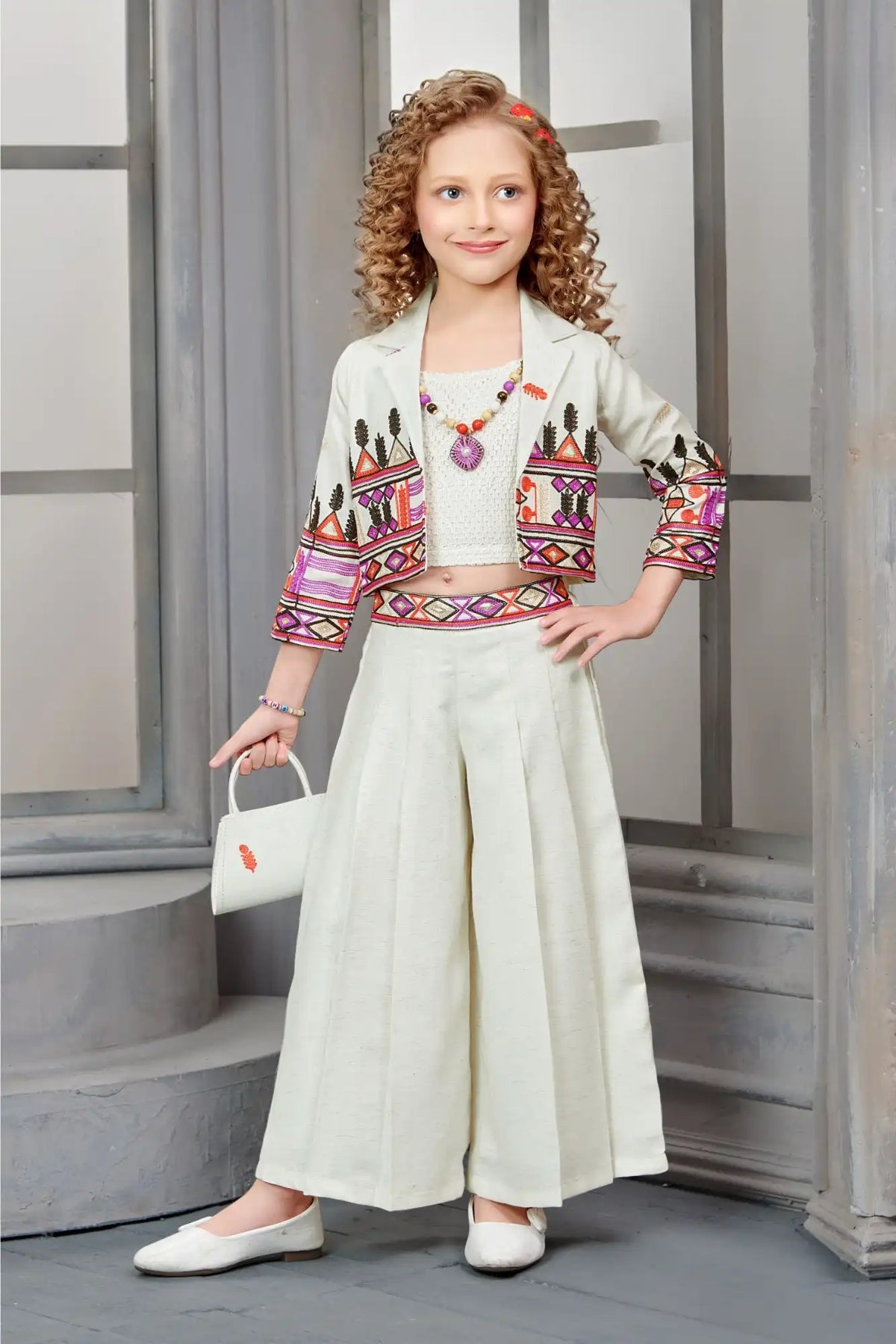 Stylish Cream Co-Ord Set with Embroidered Overcoat & Palazzo Pants For Girls
