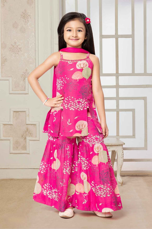 Rani Pink Printed Sleeveless Sharara Set For Girls