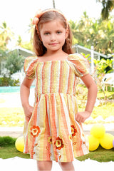 Mustard Smocked Frock With Floral Embroidered For Girls