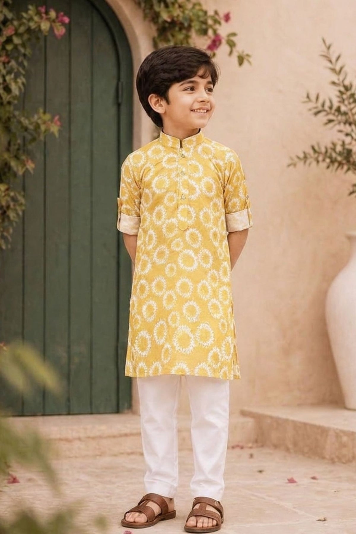 Tie And Dye Yellow Kurta Set For Boys