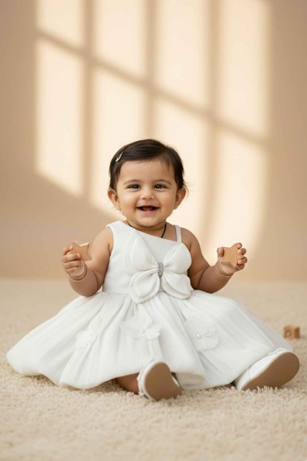 White Party Wear Frock with 3D Floral Appliqué and Bow Accent For Girls