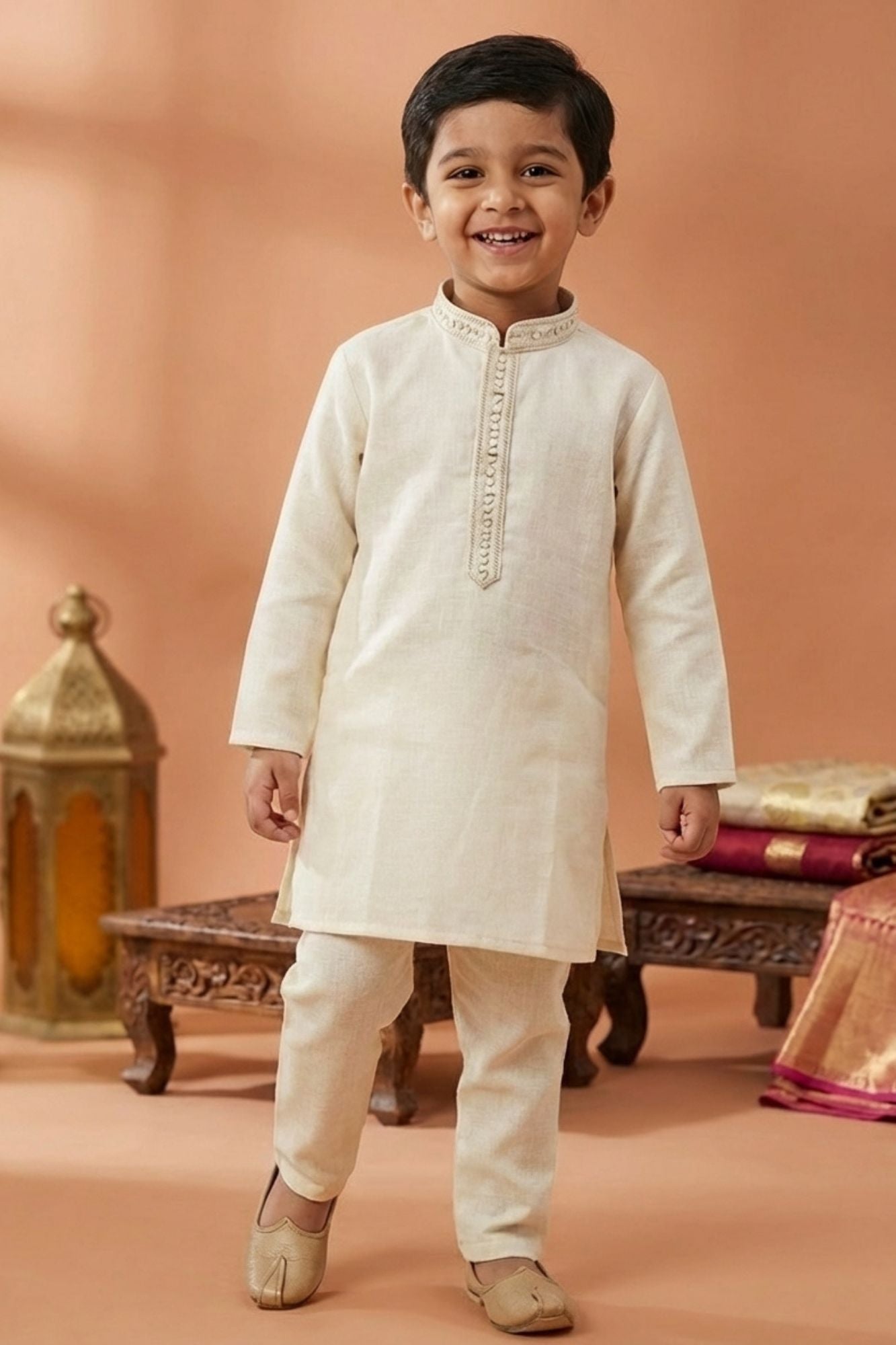 Cream Embroidered Linen Kurta Set For Boys