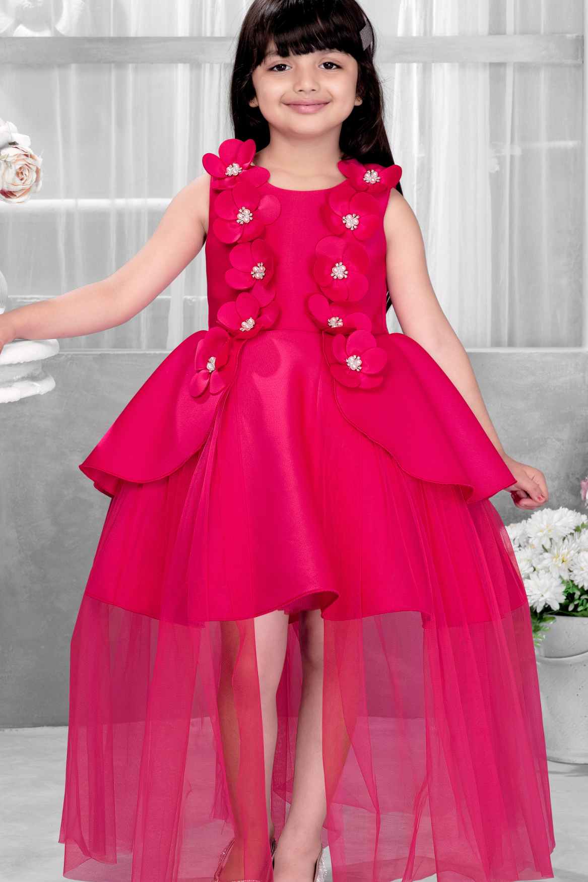 Rani Pink Floral Embellished Party Wear Tailback Frock For Girls