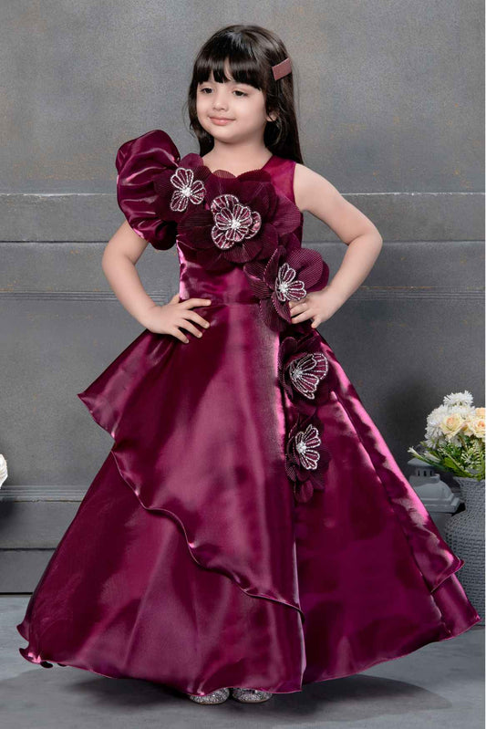 Wine Organza Gown With Floral Embellished For Girls