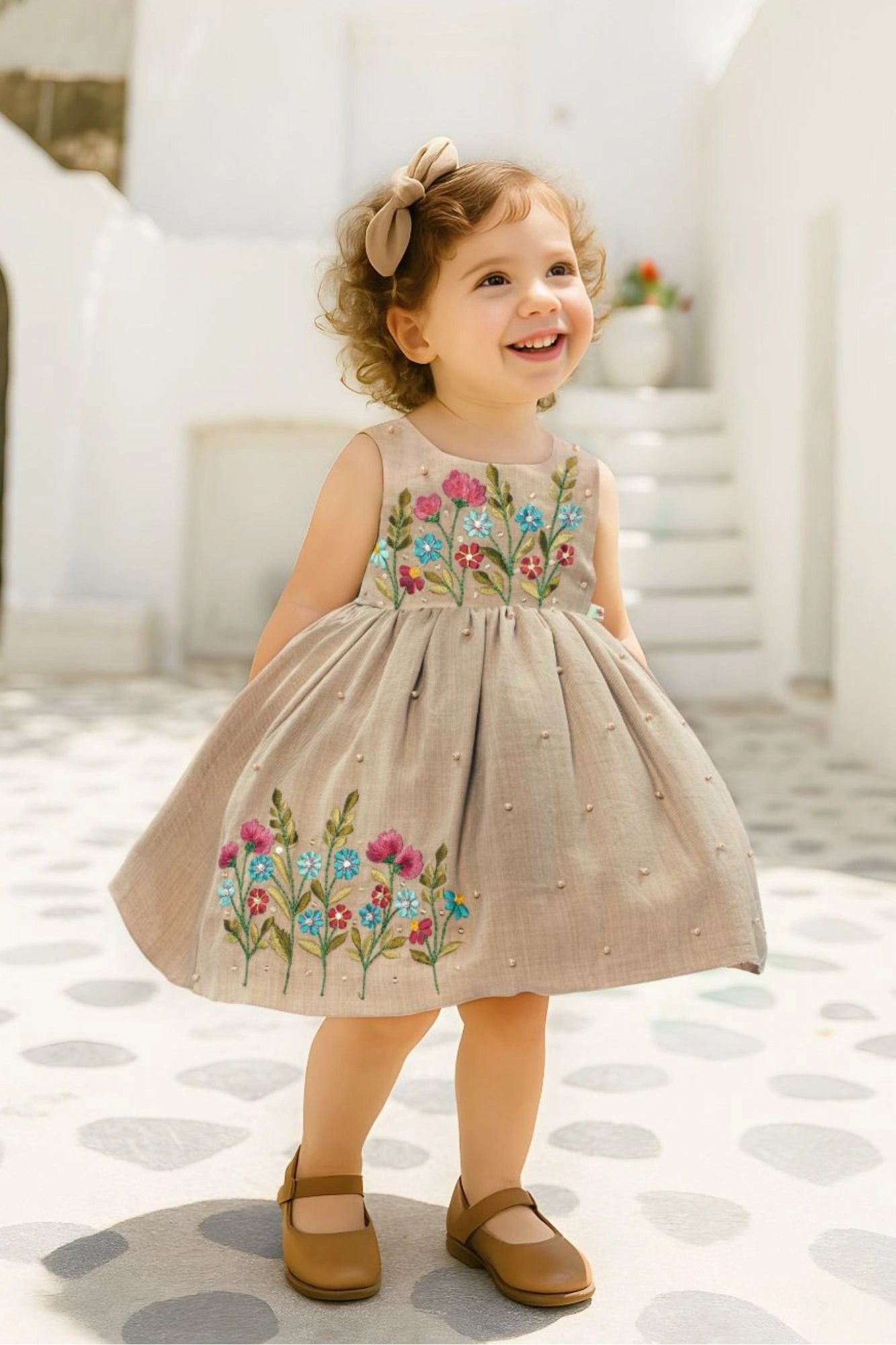 Beige Embroidered Fit And Flare Frock For Girls