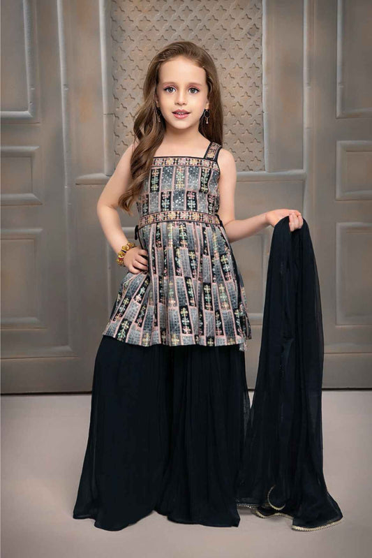 Black Sequin And Embroidery Work Palazzo Set For Girls