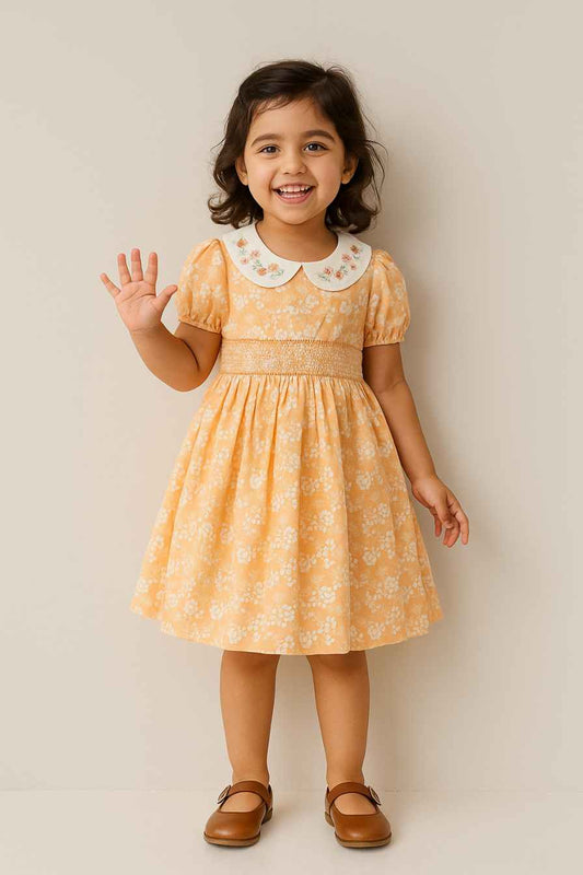 Peach Floral Cotton Dress For Girls