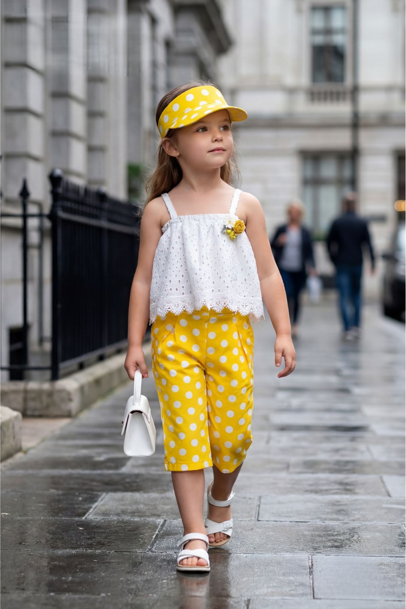 Yellow Polka Dot Pant Set with Lace Top For Girls