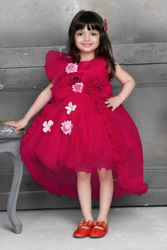 Gorgeous Rani Pink Tailback Frock With Floral Embellishments For Girls