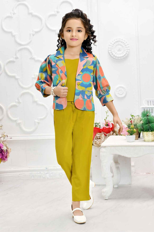 Mustard Co-ord Set With Printed Overcoat For Girls