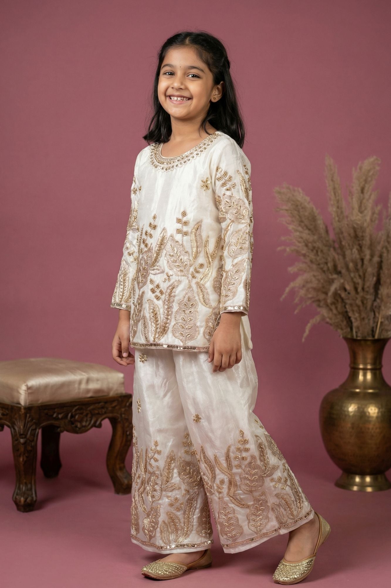 Cream Heavy Embroidered Palazzo Set For Girls