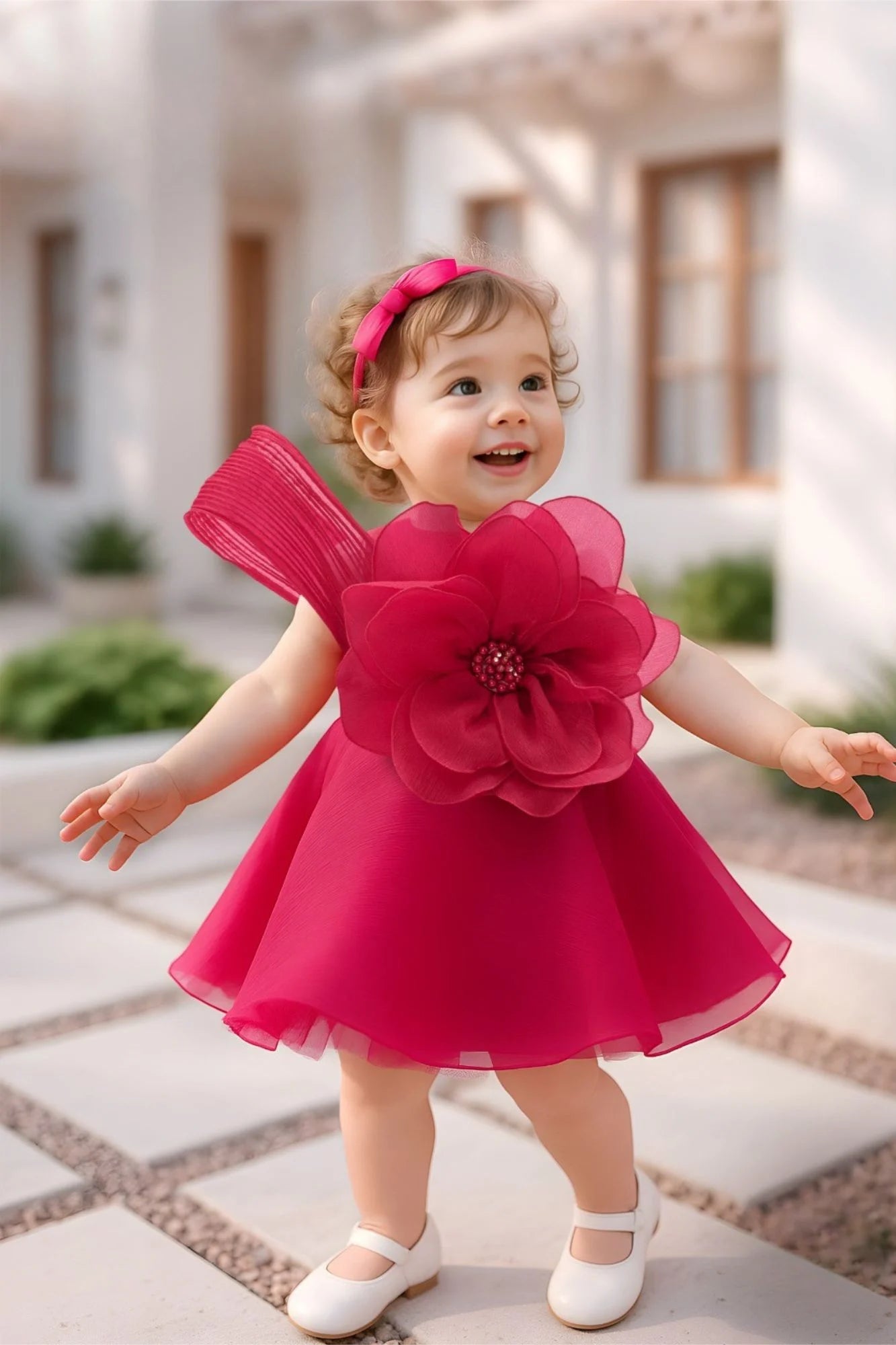 Pink Bloom Dress with Giant Flower Appliqué And Bow Detail For Girls
