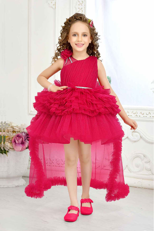 Bold Rani Pink Layered High-Low Partywear Frock For Girls